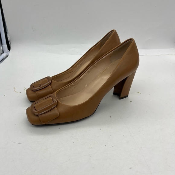 Franco Sarto Women’s Ticket Brown Genuine Leather Buckle Front Closed Toe Heels - Picture 2 of 12